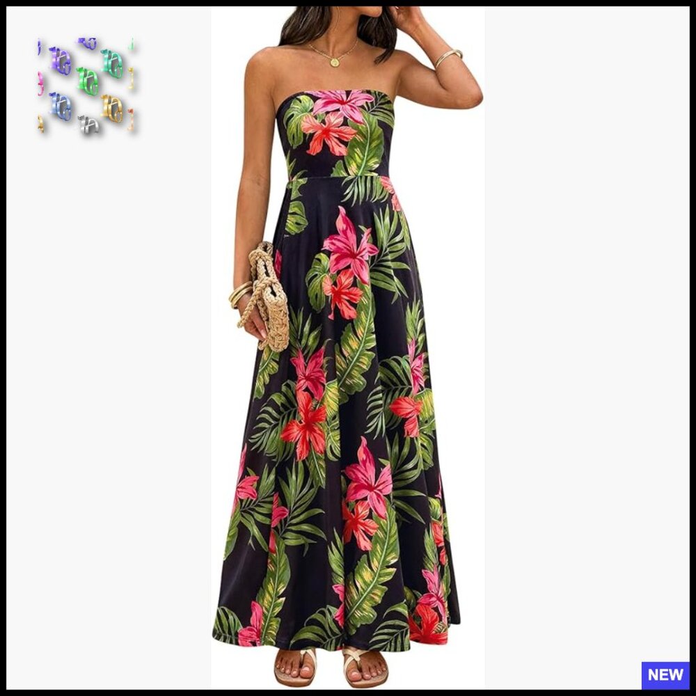 Strapless Maxi Dress Floral Backless High Waist A-Line Beach Vacation